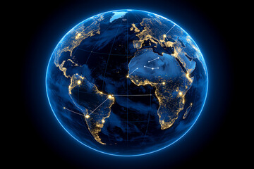 Fototapeta premium Glowing Earth Connections Digital rendering of Earth at night, glowing with city lights and network lines connecting continents.