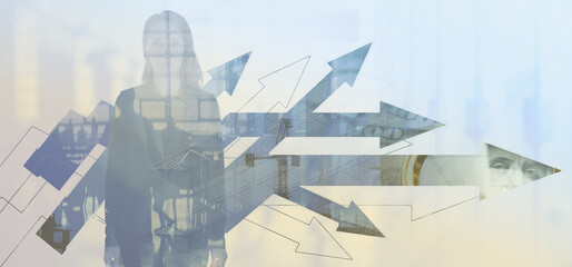 Woman employee in suit. Company business working. People Silhouette background facades. Money with a magnifying glasss.
