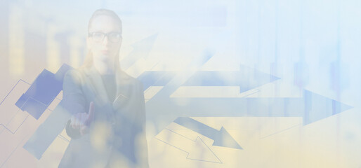 Woman in suit in glasses. Employee at work. Use tecnology. Push and touch. Light background. People and structures indoor. Blue scheme vol2