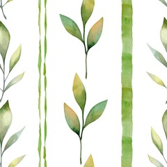 Green watercolor stems and stripes on white background repeating design