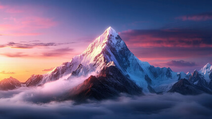 Obraz premium Majestic sunrise over snow-capped mountain peak serene landscape nature photography tranquil environment wide angle view outdoor adventure