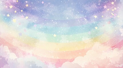Dreamy rainbow sky illustration fantasy background digital art colorful clouds whimsical viewpoint serene atmosphere