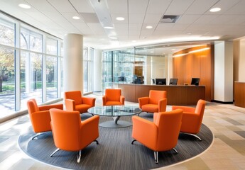 The office of the bank has an ultramodern interior with orange chairs and sofas, glass walls on one side