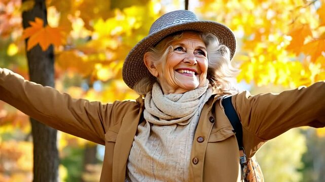 An older woman with her arms outstretched in the air