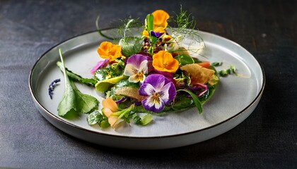 gourmet vegan meal with edible flowers and herbs displayed on elegant plate