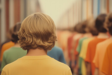 back view of person with retro blonde bob haircut