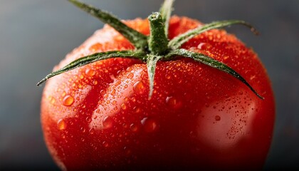a close up shot of a vibrant red tomato with water droplets showcasing its freshness and texture