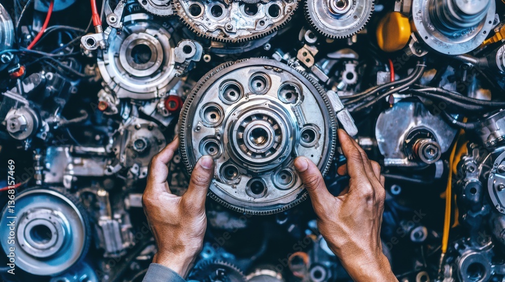Poster mechanical assembly process in industrial workshop close-up view of hands and machinery engineering 
