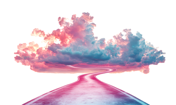 Dreamy Floating Road Under Colorful Clouds in the Sky Isolate on Transparent Background, cutout, png