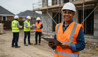 African American woman at construction site with clipboard. Team of workers collaborating on urban development.