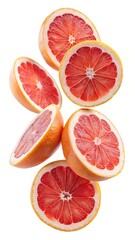 Fresh Juicy Grapefruit Slices Falling in Air on White Background Healthy Vitamin C Citrus Fruit Delicious Summer Tropical Food