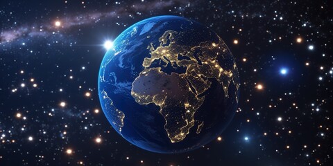 Fototapeta premium Our luminous Earth, a breathtaking cosmic jewel shining brightly against a backdrop of distant stars and galaxies, viewed from space.