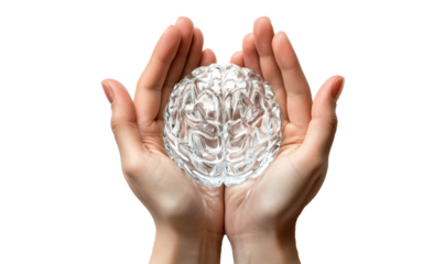 Hands Cradling Delicate Glass Brain in Symbolic Gesture of Care Isolate on Transparent Background, cutout, png