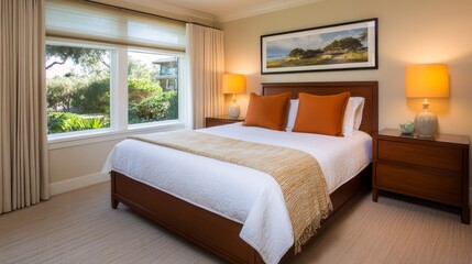 Cozy bedroom featuring a neatly made bed with orange accents and natural light streaming in