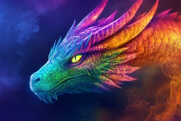 A vibrant, rainbow-colored dragon head with glowing eyes in a hyper-realistic style, perfect for fantasy art.
