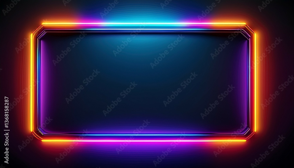 Poster a vibrant neon glowing rectangle frame illuminated from the back on a dark black background forming 