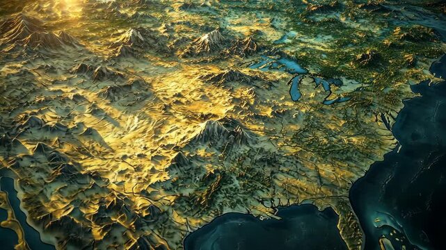 Detailed topographic map showcasing the Eastern United States with mountainous regions and lakes during golden hour