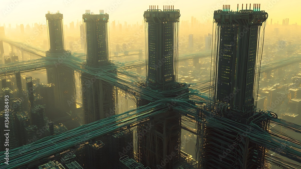 Poster a high-tech metropolis with towers resembling ram sticks and network cables forming the interconnect
