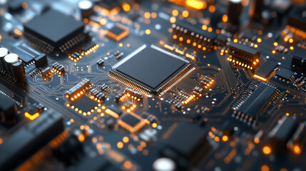 Obraz premium Technology background. High tech electronic circuit board background. Close-up macro electronic circuit board, technology chips to the motherboard. Electronic technology digital chip. Tech background.