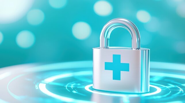 A shiny padlock with a medical cross symbol on a glowing background, representing security in health and safety, health info records management.