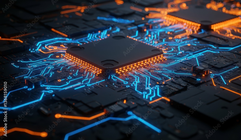 Aufkleber futuristic circuit board with microprocessor and vibrant neon lights. ideal for technology and digit