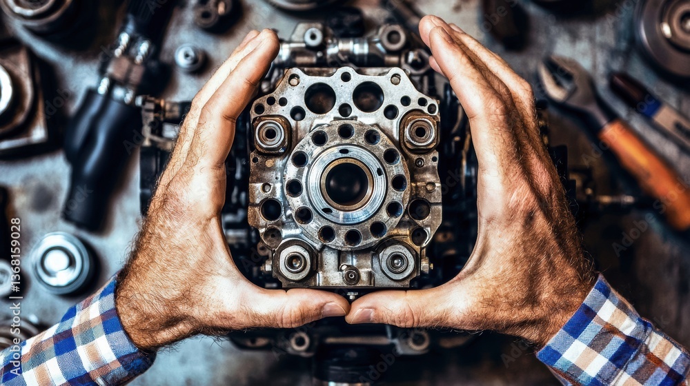 Poster hands holding engine component workshop mechanical repair industrial environment close-up precision 