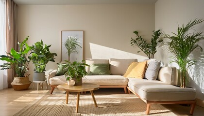 Naklejka premium minimalist living room with houseplants and natural light creating serene atmosphere