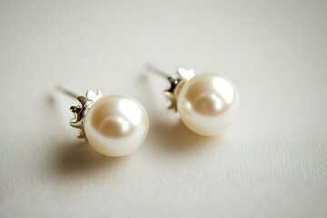 Elegant Pearl Stud Earrings Close-up of Classic Jewelry.