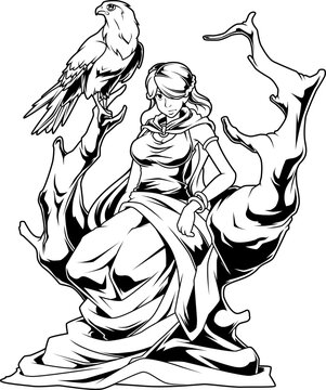 Frigg, G&ouml;ttin der Weisheit und Schutzpatronin der Familie, sitzt w&uuml;rdevoll mit einem Falken &ndash; Sinnbild nordischer Macht und F&uuml;rsorge.