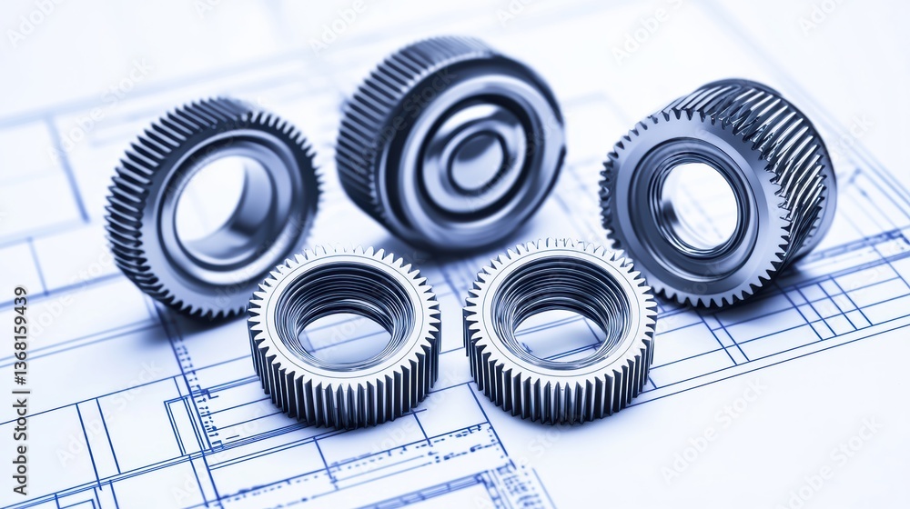 Poster examining precision gears in industrial design factory workshop high-quality image clean environment