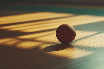 Basketball on a Wooden Court Under Sunlight