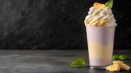 A layered milkshake with whipped cream and crunchy cereal pieces