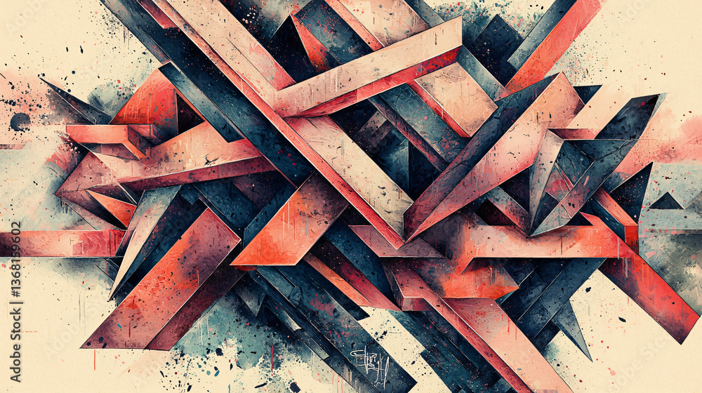 Poster bright and colorful abstract design featuring disjointed geometric shapes overlapping to create an e