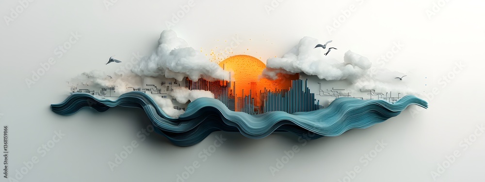 Poster captivating digital artwork depicting prismatic azure breakers cascading waves of luminescent circui