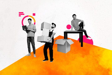 Contemporary art banner collage of three happy men business worker delivery service carry box surf...