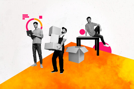 Contemporary art banner collage of three happy men business worker delivery service carry box surf laptop diagram progress