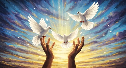 A stylized digital art piece showing hands releasing white doves into the sky, representing peace and remembrance 