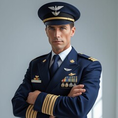 A pilot wearing a formal uniform with a captain&rsquo;s hat, standing confidently with their arms crossed. The crisp white background and studio lighting create a high-quality, professional image