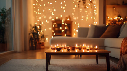 Bright living room decorated for Diwali with minimalist diyas and string lights enhancing the festive atmosphere