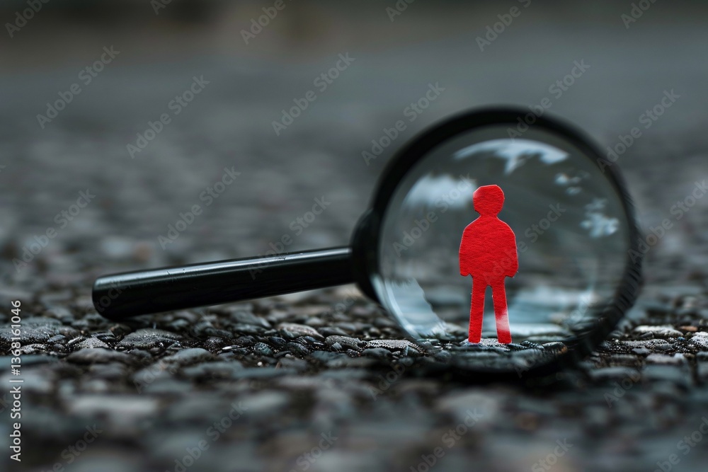 Poster searching and selecting with a magnifying glass focused on a red paper cut out figure on asphalt