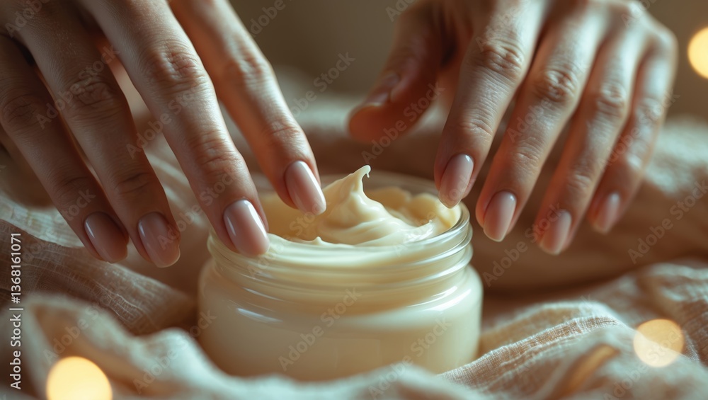 Aufkleber hands applying moisturizer from a jar in a cozy setting during evening hours