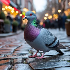 Obraz premium Urban pigeon standing on cobblestone street with soft blur in background
