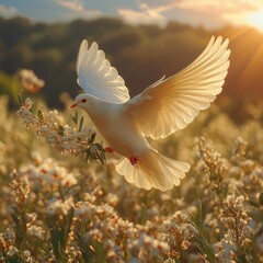 Dove carrying an olive branch flying over a peaceful meadow