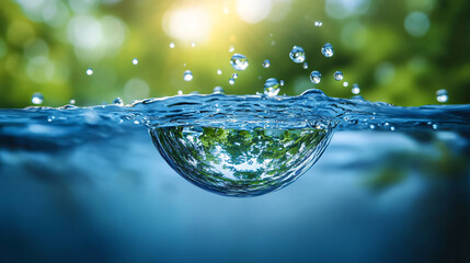 A stunning macro shot of a water droplet reflecting greenery, capturing clean and refreshing essence perfect for World Water Day campaigns or nature conservation material.