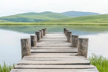 Fototapeta premium A serene wooden dock stretches into calm waters, surrounded by lush green hills under a soft sky, creating a peaceful landscape.