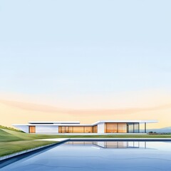 Fototapeta premium A large white house with a pool and a grassy lawn. The house is surrounded by a beautiful landscape