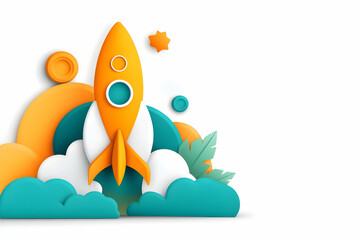 Orange rocket launching from teal clouds