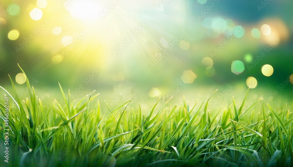 Poster natural grass field background with blurred bokeh and sun rays