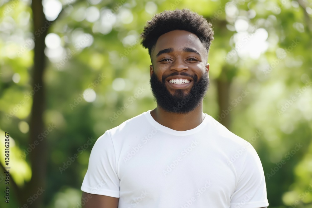 Poster a man with a beard is smiling and wearing a white shirt. he is standing in a park with trees in the 