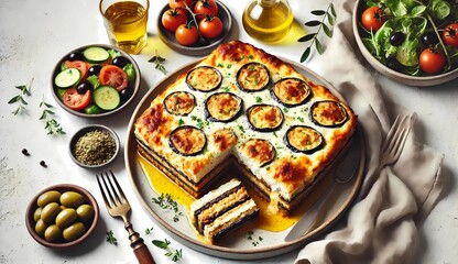 Traditional Greek Moussaka with Eggplant, Béchamel Sauce, and Ground Meat – Flat Lay of Mediterranean Baked Casserole Served with Olive Oil, Fresh Salad, and Herbs on Rustic Background